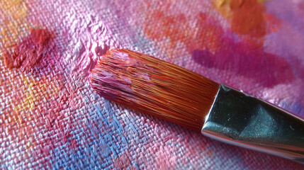 Fototapeta premium A paintbrush with a pink and orange handle is on a piece of fabric