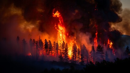 Intense Wildfire Raging Through a Forest at Night