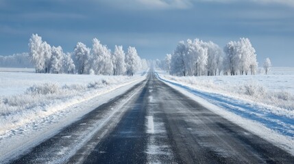 Obraz premium A long, empty roadway stretches ahead, surrounded by snow-covered fields and frost-covered trees. Overcast skies create a serene winter atmosphere in the landscape.