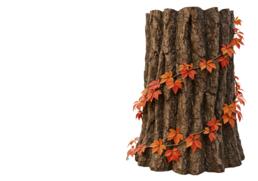 Isolated tree stump with autumn leaves vines wrapping around bark, fall seasonal decoration