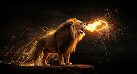 Lion roaring with fire