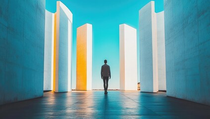 A solitary man walks through a vibrant, minimalist colonnade under a bright teal sky.