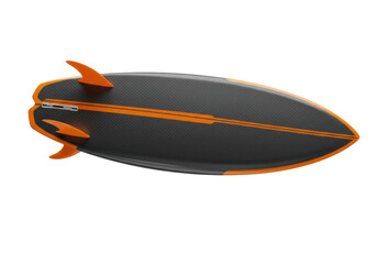 Isolated three-fin surfboard for surfing or paddleboarding with orange trim and fins