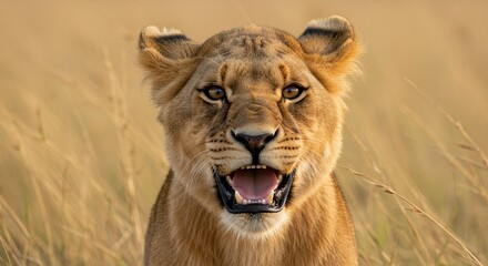 Lioness portrait in golden grassland