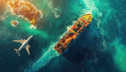 Aerial View of Cargo Ship, Airplane, and Island in Turquoise Ocean