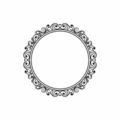 An elegant circular frame with intricate black filigree scrollwork, creating a classic vintage border on a white background.