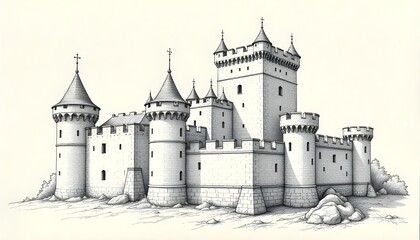 Obraz premium Detailed Medieval Castle Sketch with Towers and Walls on Beige Background