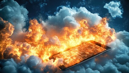 Fiery smartphone with glowing data exploding in dark cloudscape