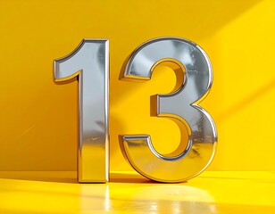 Obraz premium Shiny chrome number thirteen on yellow background
