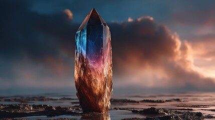 Majestic Crystal Tower Reflecting Colors Amidst Dramatic Clouds in Serene Landscape at Dawn