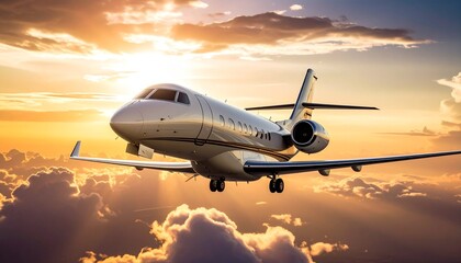 Obraz premium A private jet flies through a cloudy sky at sunset, with golden light shining through the clouds.