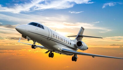 Obraz premium A sleek white private jet ascends into a vibrant sky during a sunset, showcasing flight.