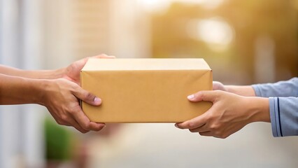 Hands exchanging a brown cardboard box, symbolizing delivery service, package transfer, and the act of giving or receiving item