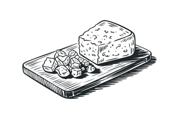 Sketch of cheese chunks and block on wooden board. Vector hand drawn illustration