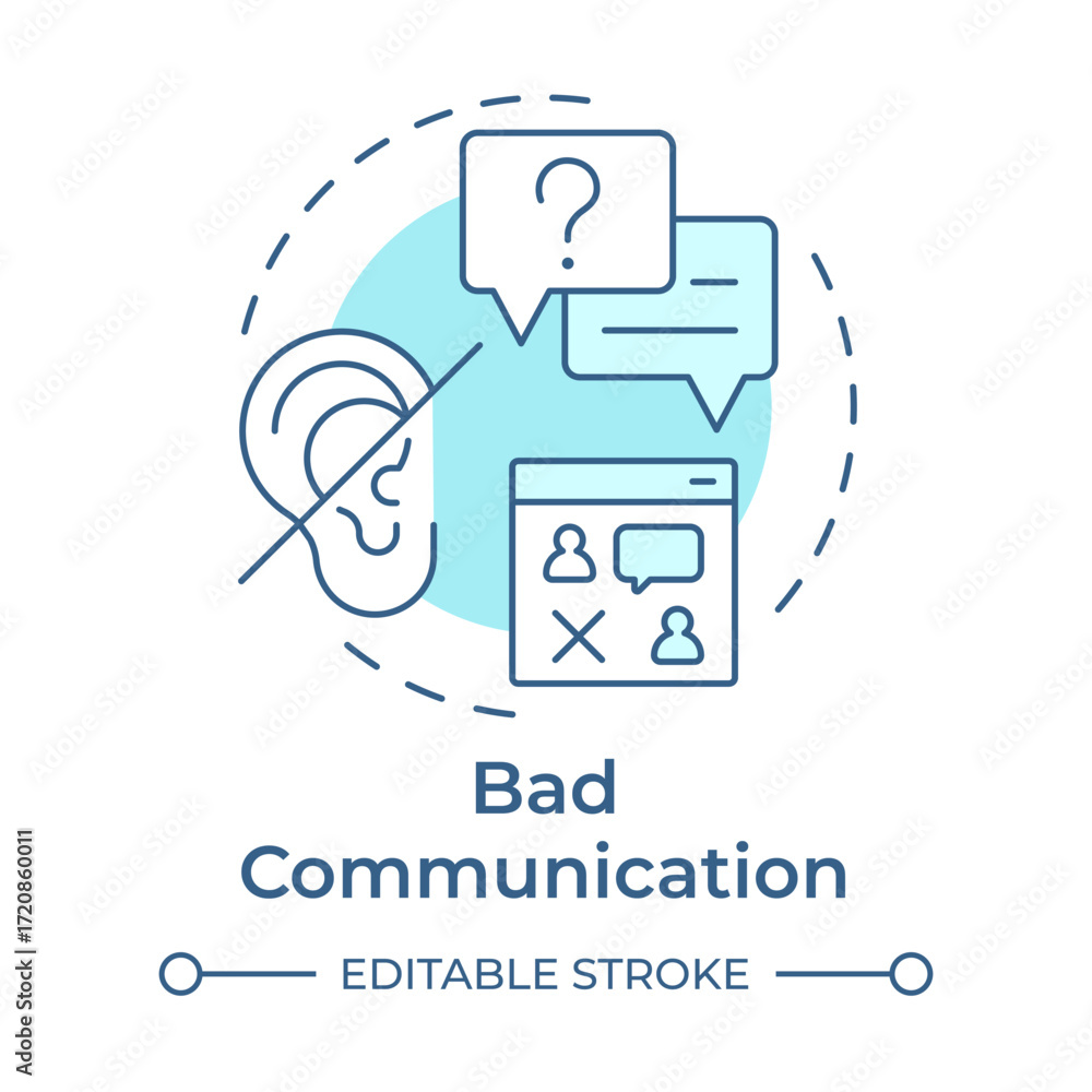 Poster bad communication soft blue concept icon. cause of confusion, rumors and mistrust. barrier to change