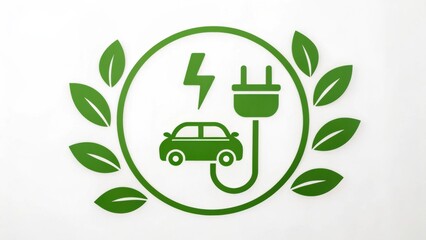 EV Icon Green symbol depicting an electric car with a charging plug and lightning bolt, surrounded by leaves.