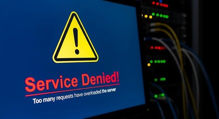 A computer screen displays a service denied message due to too many requests overloading the server in a data center