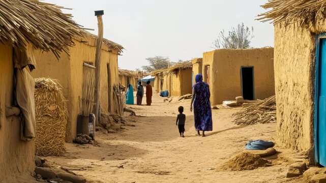 Women and children walk along the street of an African village with adobe houses