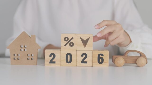 2026 New Year with percentage change to UP and Down arrow with car and Home model. Car loan, Interest rate, real estate, house, Insurance, Financial, Repair, Tax, mortgage and Maintenance