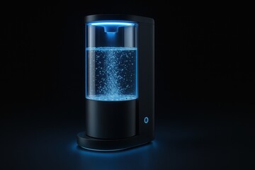 Fototapeta premium Home water purifier. Sleek black water dispenser with illuminated bubbles, set against a dark background.