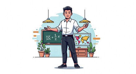 Enthusiastic Teacher Giving a Lesson with Chalkboard and World Map in Background