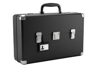 Isolated black briefcase with a handle and silver accents against a clean backdrop