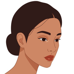 Portrait of beautiful woman with dark hair in bun looking down. Abstract illustration of female face for self-care and beauty concept.