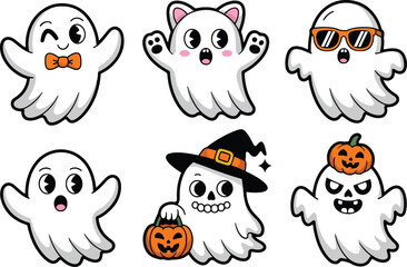 halloween ghost cartoon set design. cute spooky ghosts with pumpkin witch hat and accessories vector illustration