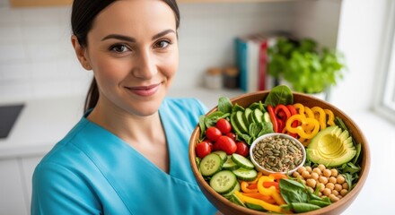 Smiling Woman Holding Colorful Salad Bowl in Bright Kitchen