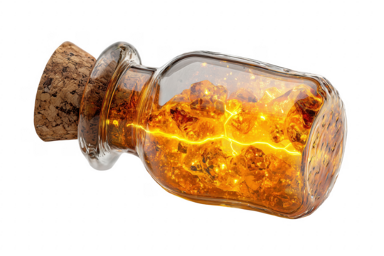 Glowing amber gems enclosed in a glass jar with a cork against a transparent background