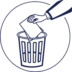 Minimalist outline icon of hand discarding paper into trash bin.