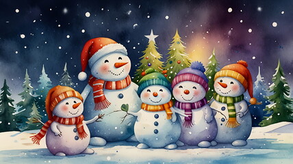 Fototapeta premium Christmas animal cards in watercolor style snowman on the snow with Christmas gifts boxes 