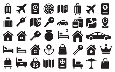 Solid black silhouette icon set of lifestyle and miscellaneous elements, including airplane, passport, taxi, suitcase and more, bold flat vector shapes, clean modern style, professional design