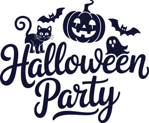 halloween party design. pumpkin jack o lantern with ghost bat and black cat vector illustration