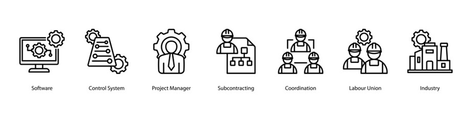 Project Coordination web banner icon vector illustration featuring Software, Control System, Project Manager, Subcontracting, Coordination, Labour Union, and Industry.