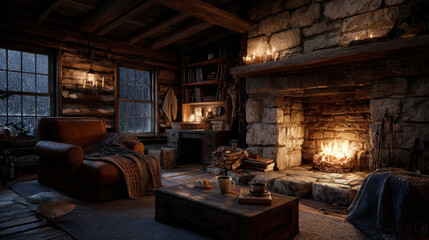Fototapeta premium Cozy rustic cabin interior with warm stone fireplace, leather armchair, and wooden furniture. Snow falls outside window, creating serene winter atmosphere. Candles add soft glow