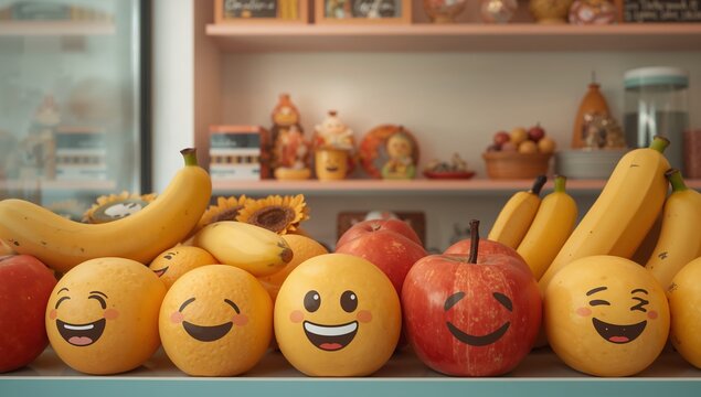 Fruit with happy emoji faces arranged on a shelf in a display, creating a cheerful and joyful atmosphere. - Powered by Adobe
