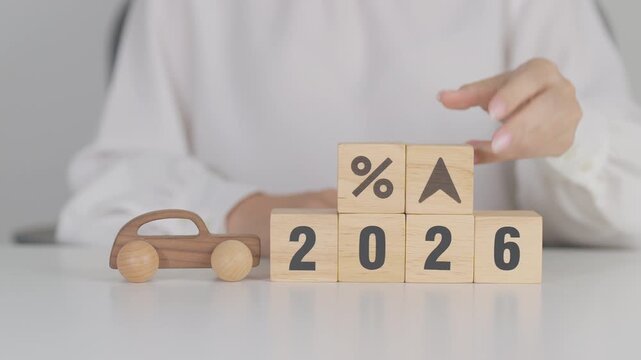 2026 New Year with percentage change to UP and Down arrow with car model. Car loan, Interest rate, Insurance, Financial, vehicle Repair, Automobile Tax, mortgage and Maintenance