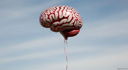 A whimsical brainshaped balloon floats against a clear blue sky, with a string dangling below, creating a surreal and thoughtprovoking image that sparks curiosity and imagination