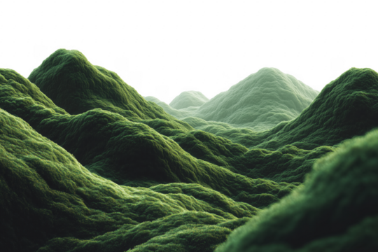 Lush green hills and mountains landscape rendering against a dark black sky transparent