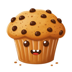 Delightful chocolate chip muffin with a happy face, perfect for kids' menus, baking blogs, and cheerful breakfast promotions with sweet indulgence