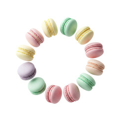 Obraz premium Delightful pastel macarons arranged in a circle, ideal for sweet treats and bakery promotions, perfect for culinary designs and vibrant dessert themes