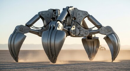 Industrial Silver Claw Hovering Above Arid Desert Ground