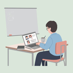 Vector Illustration of Person Using Laptop with Profile Pages in Modern Minimalist Style