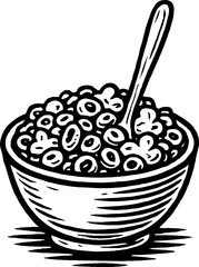 A black and white illustration features a bowl filled with round cereal, accompanied by a spoon. The drawing is isolated.