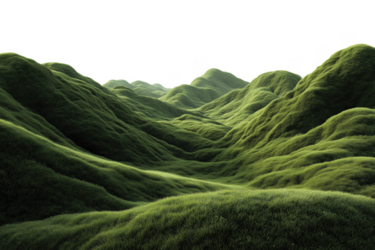 Lush green rolling hills with black sky creating a serene and tranquil landscape transparent