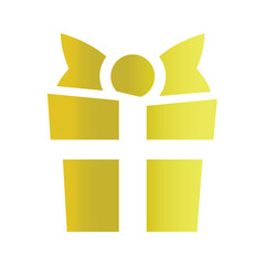 Gift box vector icon. Christmas or birthday gold or golden present with bow.