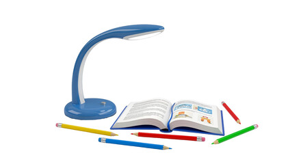 Blue lamp with open book and pencils