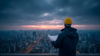 Construction engineer observing city skyline at dusk with blueprint in hand, reflecting on urban development and future projects in a bustling metropolis setting.