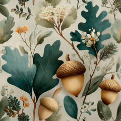 seamless pattern with acorns and leaves